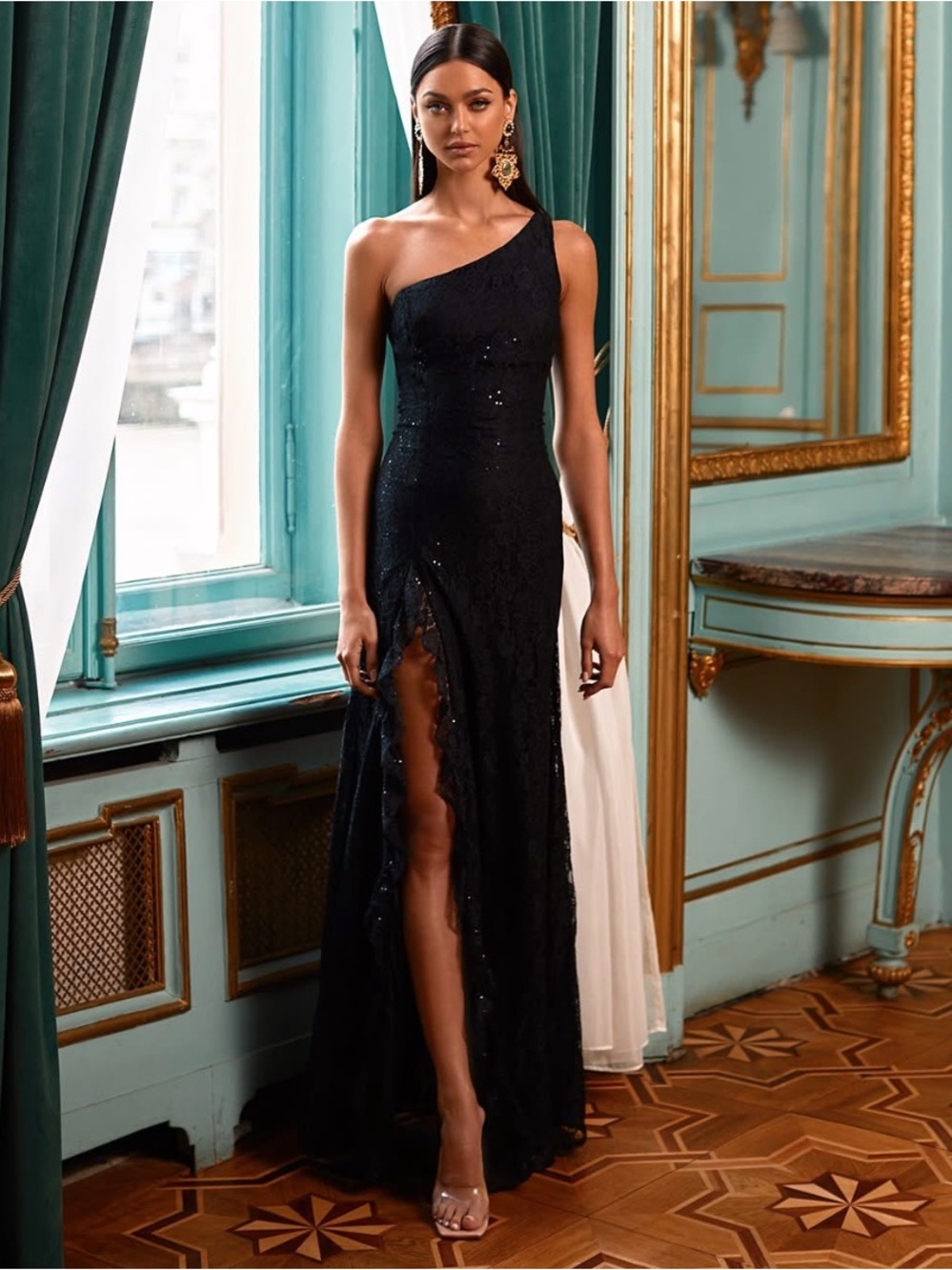 Alamour The Label Fiona One Shoulder Lace Formal Gown Black